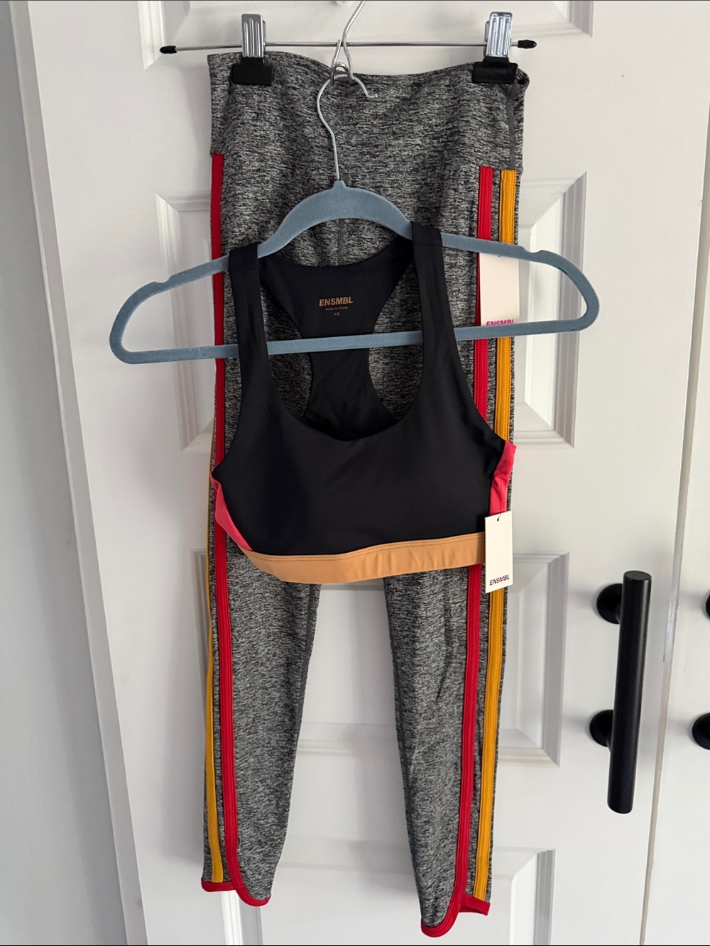 Women's Gray Active Leggings and sports bra with Red & Yellow Stripes XS